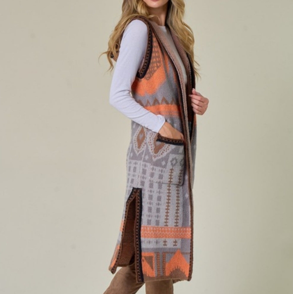 Women's Patterned Long Vest in Orange and Gray - Picture 4 of 10
